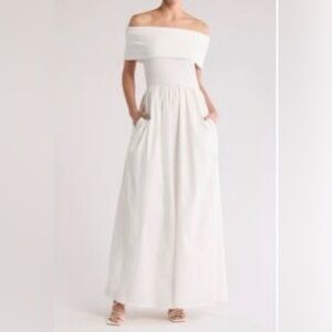 LoveXDesign White Off Shoulder Maxi Dress Large Cottagecore Pockets